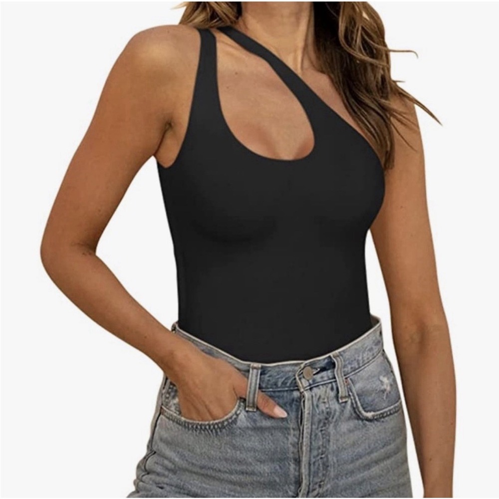 Reoria Black One Shoulder Bodysuit XL Stretch Snap Thong Minimalist Basic
